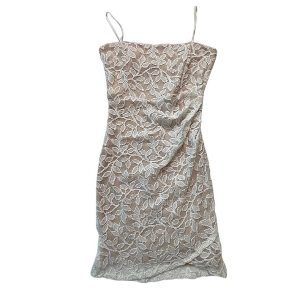 Windsor White Floral Lace Bodycon Mini Dress Spaghetti Strap Nude Lined Sz Small